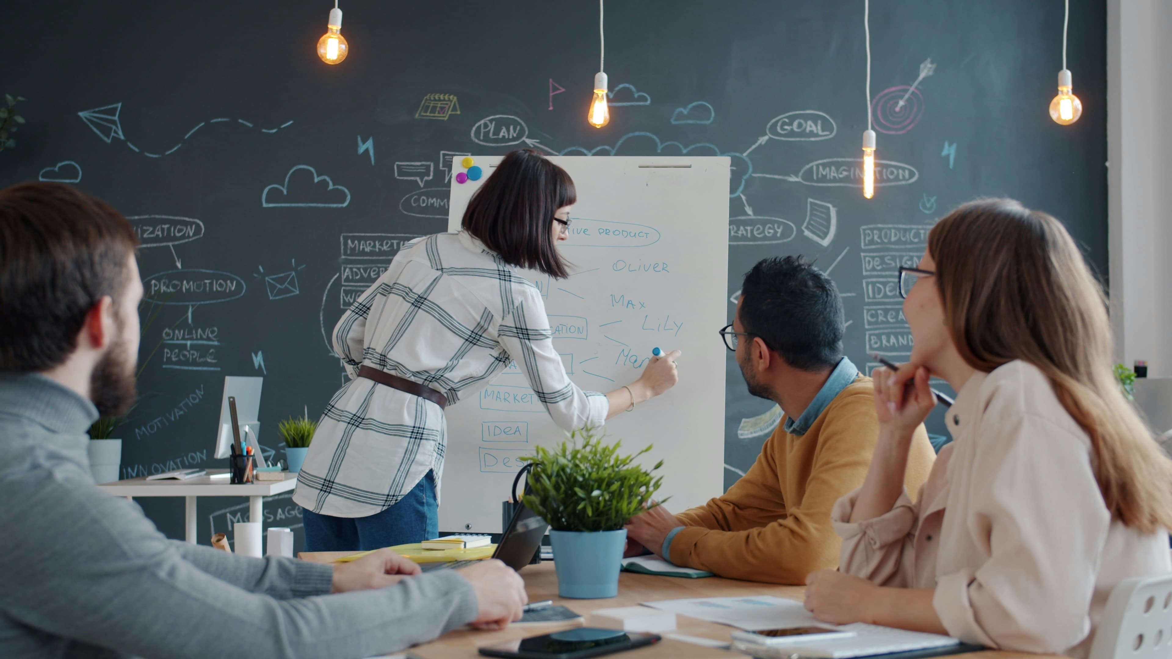 A team developing a marketing strategy around a whiteboard in a creative studio