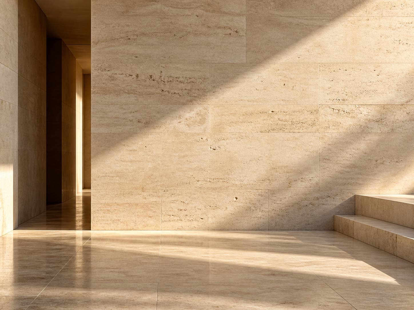Sunlight falling across travertine walls and stone steps